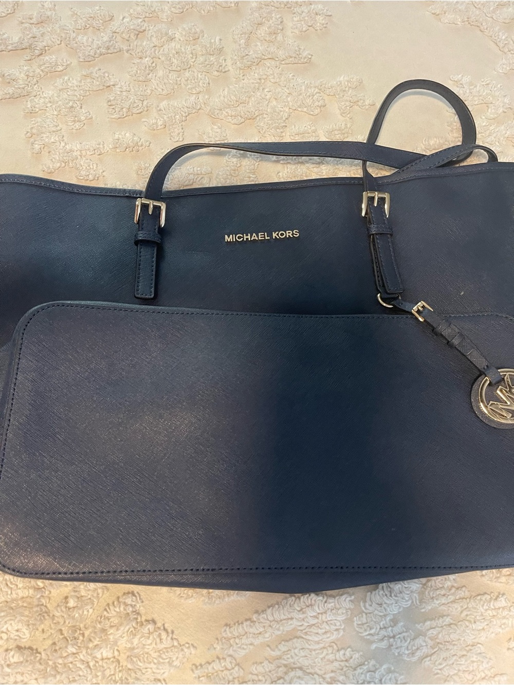 Michael Kors Dark Navy Saffiano Tote with Gold Accents